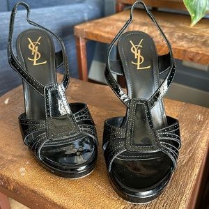 YSL Saint Laurent Black Patent Leather Sling Back Heeled Sandals size 38.5